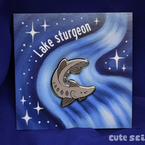 May include: A silver-colored enamel pin of a lake sturgeon fish. The pin is set against a blue background with white stars and the text "Lake sturgeon". The pin is a cute sci design.