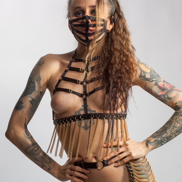 Festival cage bra with chains, strappy lingerie, See through cupless bra