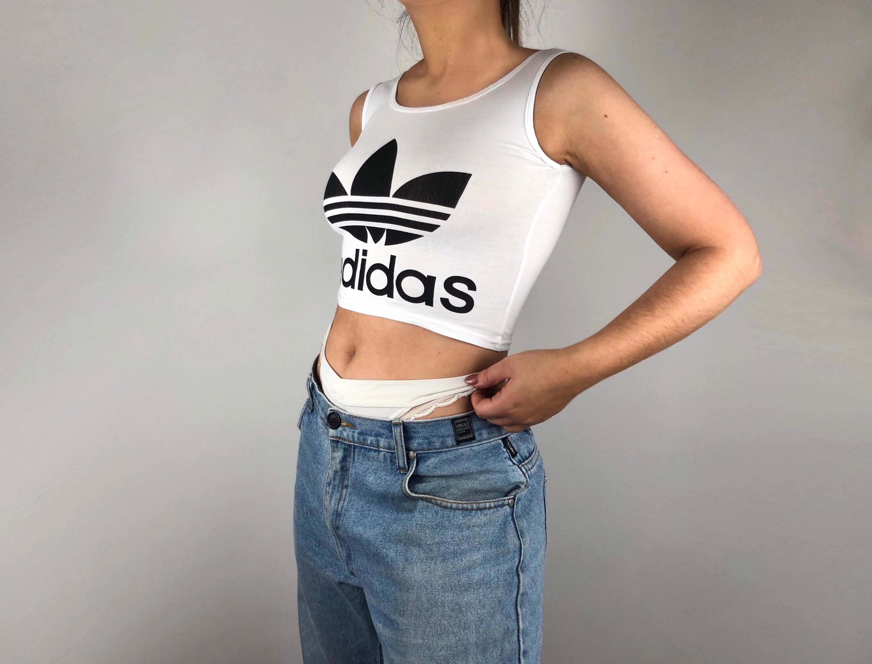 Adidas crop top small white rework vest cami | Etsy