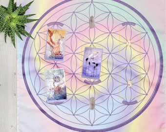 XL Ethereal Spiral 5-Card Oracle Altar Cloth and Crystal Grid: Elevate Your Readings with Transformative Flower of Life Energy