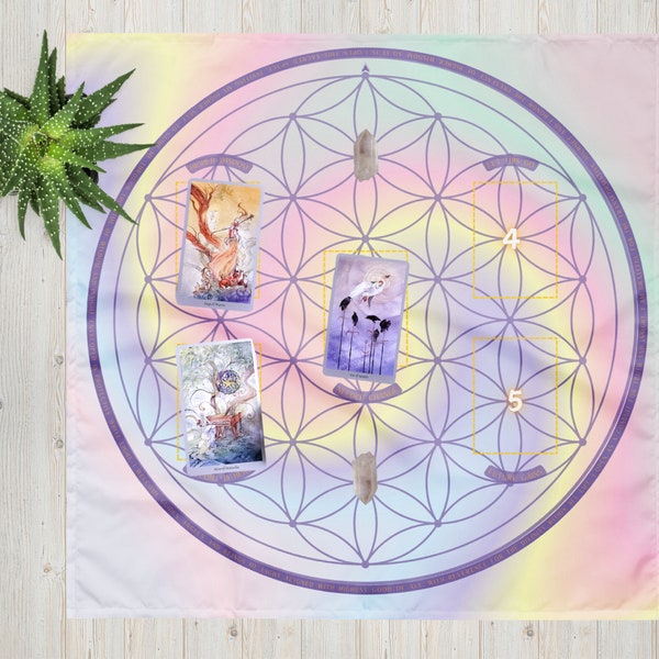 XL Ethereal Spiral 5-Card Oracle Altar Cloth and Crystal Grid: Elevate Your Readings with Transformative Flower of Life Energy