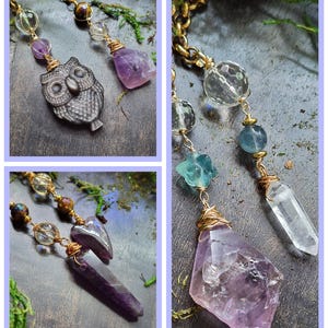 May include: Close-up of three different handmade crystal pendants. Each pendant features a gold chain, clear and brown beads, and a unique crystal or carved stone. One pendant has a carved owl, another has a large amethyst, and the third has a clear quartz crystal.