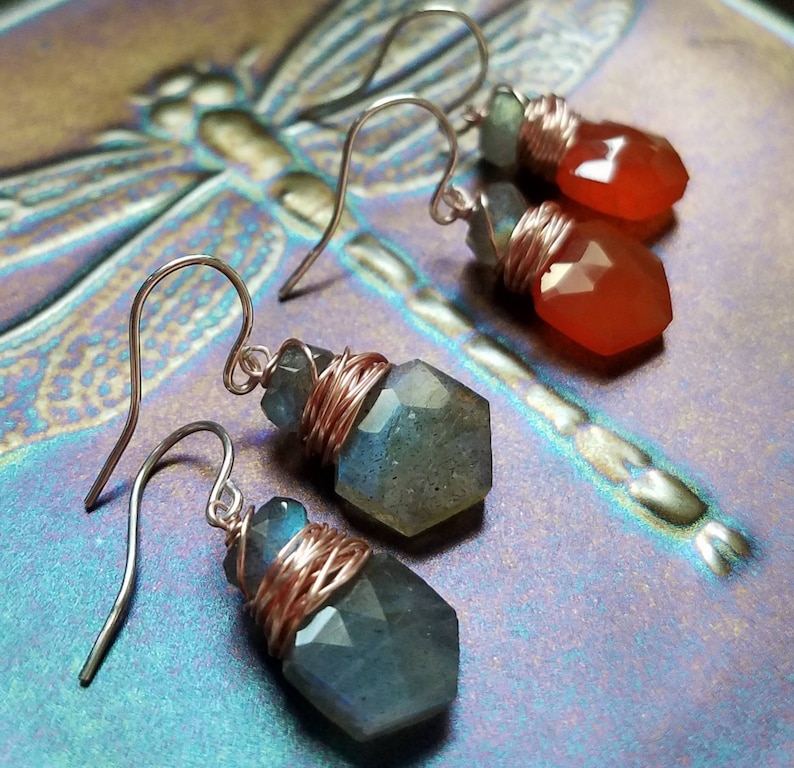 Labradorite Orange Carnelian or Rainbow Moonstone Gemstone Earrings Sterling Silver Your Choice of Gemstone