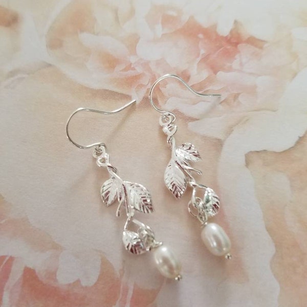 Di-Vine Devotion 925 Sterling Silver and Freshwater Pearl Earrings wedding Bride Maid of Honor. Your choice of freshwater pear color