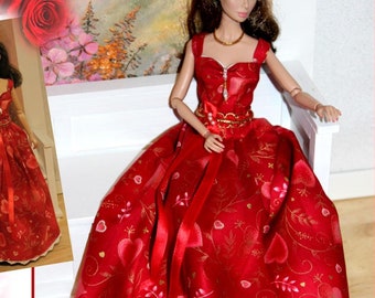 Dress Only, Handmade 11.5&quot; to  12&quot; Fashion Doll Gown. Hearts and Lace Valentine Dress with Snaps. Child Gift. Doll not included