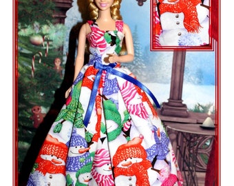 Snowman Fun Cotton Ballgown. Winter Gown for 11.5&quot; to 12&quot; Fashion doll.  Handmade in the USA. Toy Doll Clothes, doll not included. Girl Gift