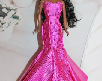 Hot Pink Shimmery Mermaid gown for the larger busted 1:6 Scale Fashion Dolls. Fits 11.5&quot; to 12&quot; tall fashion model dolls.