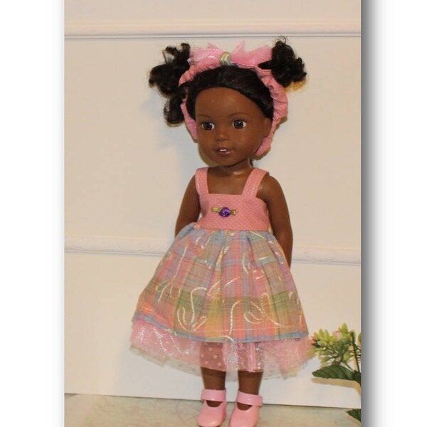 Fits 14.5" Wellie Wisher Size Dolls.  Dress & Bow Headband. Pink Toy Doll Clothes  (Wellie Wisher Doll not included) Girl Gift