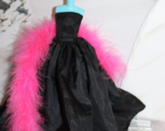 Handmade 11.5&quot; to 12&quot; Fashion Doll Gown.  SilkessenceBlack Ballgown & Pink Feather Boa. Toy Fashion Doll Clothes. Fits older dolls best
