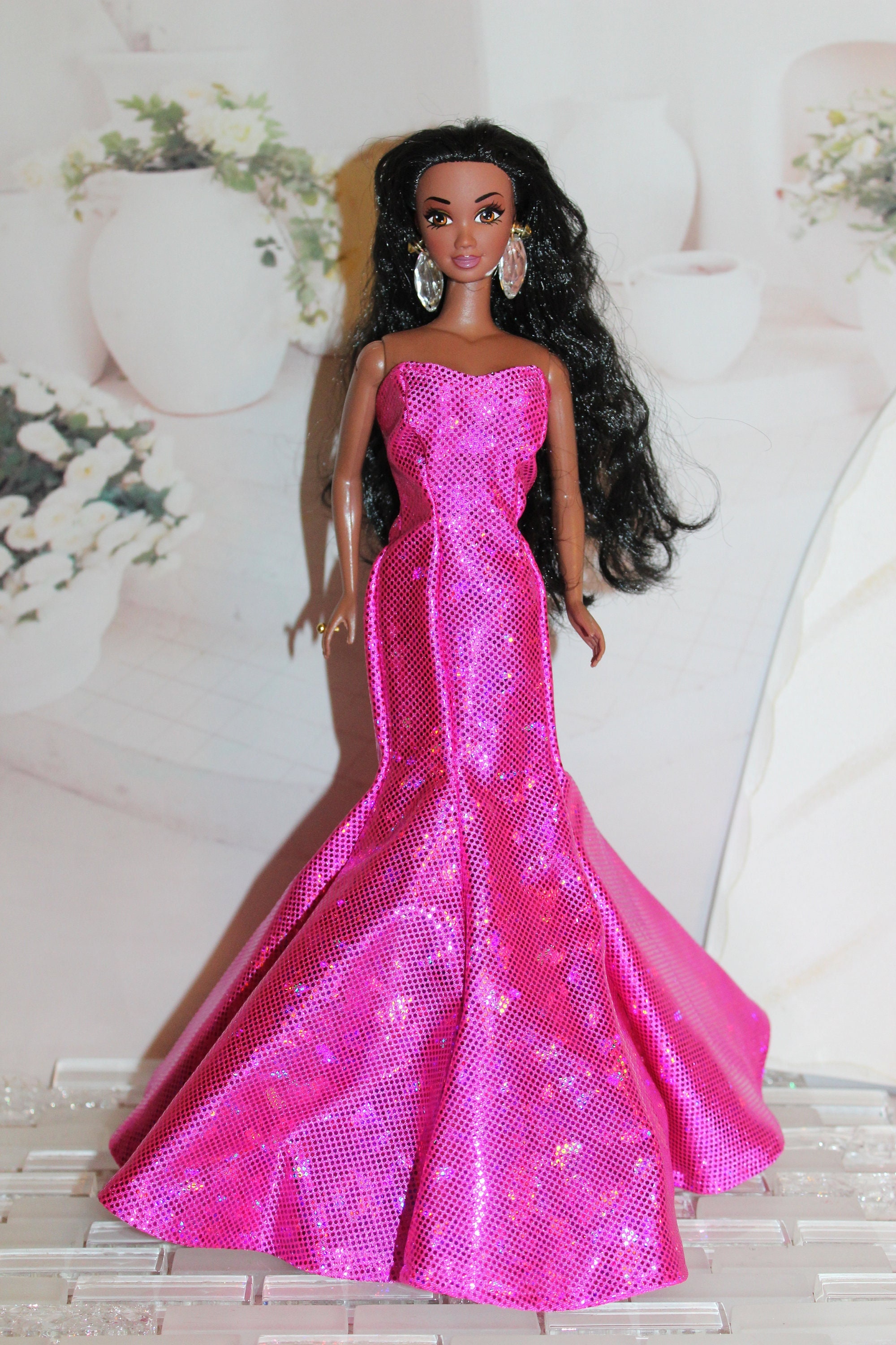 strapless open back dress Barbie Toddler/Kids Girl Ribbed Knit Fabric Terry Embroidery Dress Hot Pink main image 1