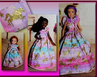 Unicorns & Rainbows Dress-Fits sister dolls. Sweet little ruffled gown /  Easter Basket Child Gifts. 1:6 Scale Toy doll clothes. Made in USA