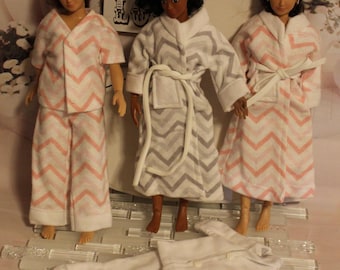 6 Pc. Set. Mix and Match Handmade Lammily Clothes and 12&quot; Elf Clothes. Gray  Robe, Pink Robe, Gray & White Pajamas, Pink and White Pajamas.