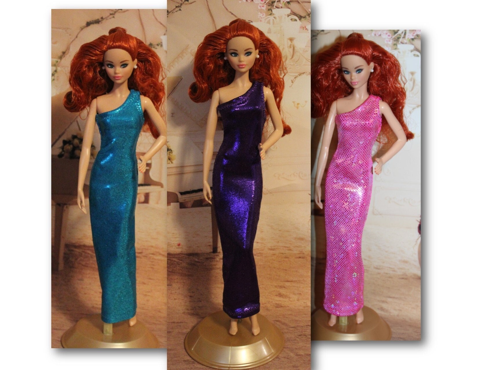 Form Fitting Evening Gown for 11.5" to 12" Tall Fashion Dolls. Pink, Blue or Purple. Fashion doll clothes.
