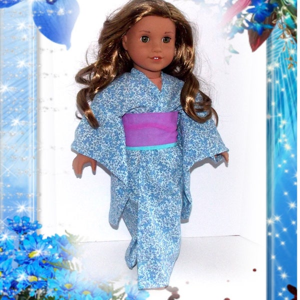 Japanese Kimono for 18" Dolls. Blue floral Kimono with attached sash and bow. (Clothes only, American Girl Doll is not included) Girl Toy