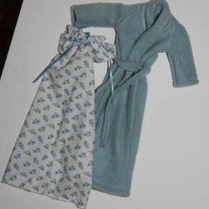 12&quot; Fashion Doll Robe / Nightgown.  Fashion Doll Sleepwear. Blue Flower Nightgown / Plush Fleece Robe.