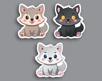 Chibi Wolf Pup Decal, Baby Animals, 3 Pack: Brown, Black, and White Wolf, Notebook or Laptop Sticker