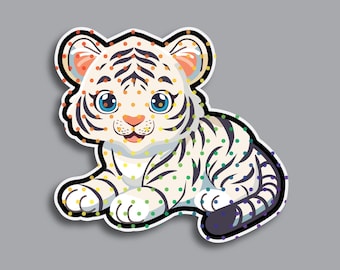 Holographic White Tiger Cub Decal, Cute Chibi Baby Animal, Phone or Laptop Sticker