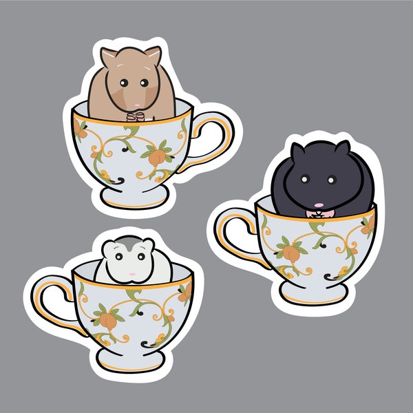Hamsters in Teacups Stickers, Hamster Stickers, Teacup Stickers, Animals in Cups Stickers, Cute Hamster Sticker, Set of 3