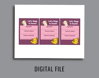 Axolotl Contact Card Digital Download,  Cute Keep In Touch Printable, Kids Personalized Info Handouts