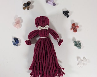 Positive Energy Handmade Yarn Doll, Gemstone Protection, Witchy Vibes Display Piece
