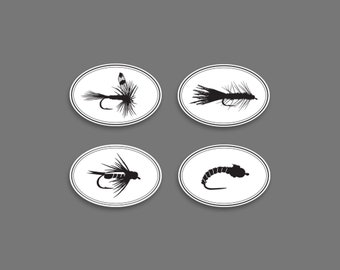 Fly Fishing Decal, 4 Pack: Zebra Midge, Prince Nymph, Adams Fly, Woolly Bugger, Phone or Laptop Sticker