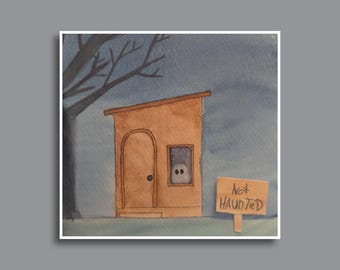 Haunted Hut with Ghost, Watercolor Spooky Spirit, Halloween, Water Bottle or Laptop Sticker