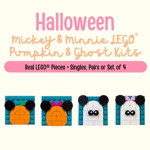 May include: Four square building block sets featuring Halloween themes. Two sets depict orange pumpkins with black mouse ears, and two sets depict white ghosts with black mouse ears, one with a pink bow. Text reads: Halloween Mickey & Minnie LEGO Pumpkin & Ghost Kits. Real LEGO Pieces • Singles, Pairs or Set of 4.