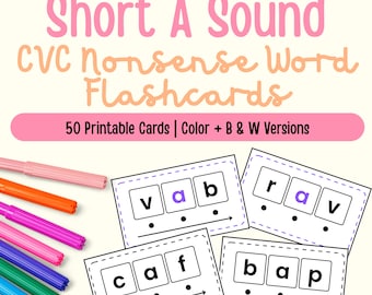Può includere: Flashcard educative per suoni brevi della A e parole senza senso CVC con intestazioni in rosa e arancione. Le carte presentano lettere nere in riquadri bianchi con punti e frecce. Un set di pennarelli colorati è disposto sul lato sinistro.