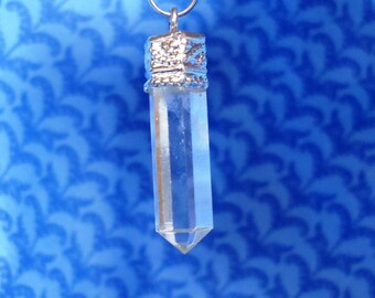 11 1/4" Clear quartz with tourmalinated quartz bead on silver chain, handmade, metaphysical, divination tools