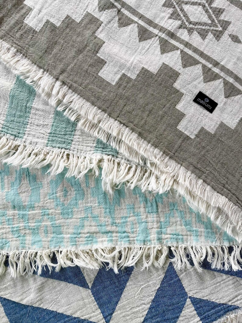 May include: A close-up of a round, fringed beach towel with a geometric design. The towel features a gray and white Aztec pattern on one side and a turquoise and white striped pattern on the other. A black tag with the word "masumi" is visible.