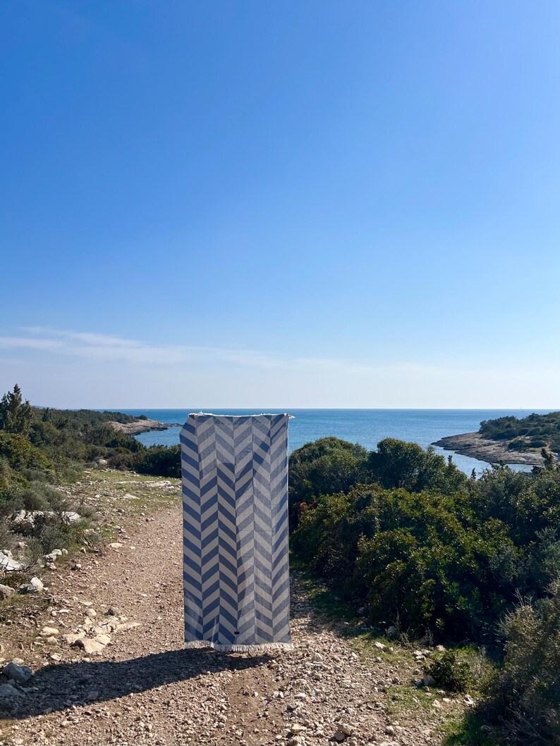 May include: A rectangular, blue and white patterned rug with a chevron design is displayed outdoors. The rug is hanging vertically against a backdrop of a blue sky, ocean, and coastal vegetation. The rug's dimensions are not visible.
