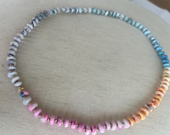 Natural stone ombré unique one of one necklace-pink-blue-lavender-gray-peach-gold filled bead trim