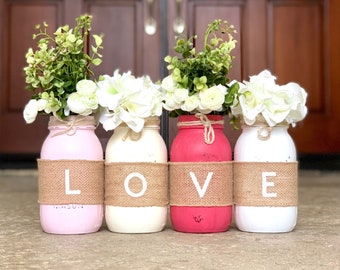 4 Pcs Mason Jars Valentines Day Decor Centerpiece, Burlap Valentine's Day Decorations Valentine's Day Mason Jar Arrangement, LOVE Mason Jars