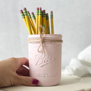 Painted Mason Jar Make Up Brush Holder | Cute Pen Holder | Wide Mouth, Pint 16 oz Rustic Mason Jar | Farmhouse Cottagecore Desk Decor