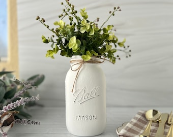 White Mason Jar Vase, White Centerpieces for Table, White Centerpieces for Wedding, Side Table Decor, Rustic Decor for Home Farmhouse Floral