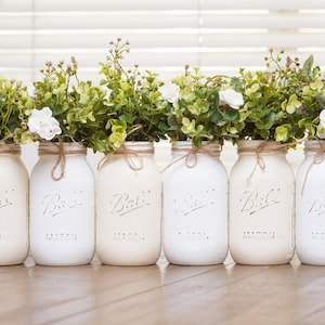 6 Pcs - Mason Jar Centerpieces for Table, Neutral Baby Shower Centerpieces, White Mason Jar Centerpieces, Painted Mason Jars Rustic