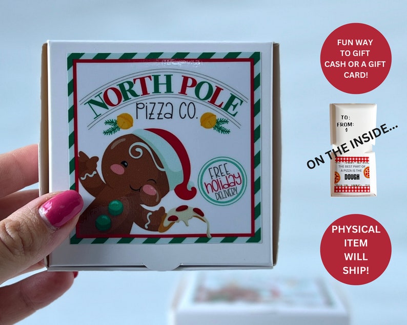 May include: A white pizza box with a red and green striped border. The box features a cartoon gingerbread man holding a slice of pizza. The text on the box reads "North Pole Pizza Co." and "Free Holiday Delivery".