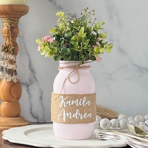 Baby Shower Centerpieces for Tables Girl Baby Shower Decor, Personalized Mason Jar Centerpieces Flowers, Personalized Mason Jars with Burlap
