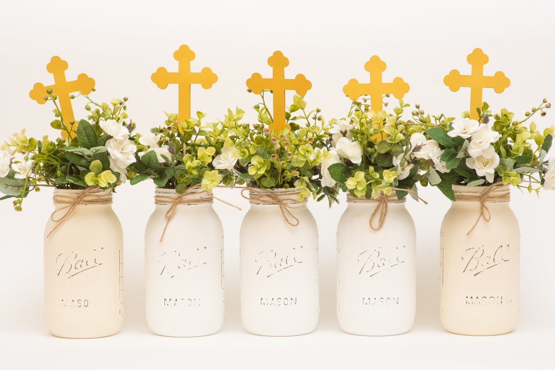 Baptism Centerpieces Boy, Mason Jar Centerpiece, Baptism Decorations Boy First Communion