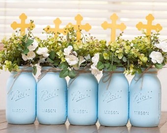 Rustic Mason Jar Centerpieces for Baptism Decorations, Boy Baptism Centerpieces for Baptism Decorations, Rustic Christening Decor for Boys