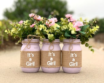 It's a Girl Baby Shower Mason Jar Centerpieces, Girl Baby Shower Decorations, Girl Baby Shower Centerpiece with Flowers, Pink Baby Shower