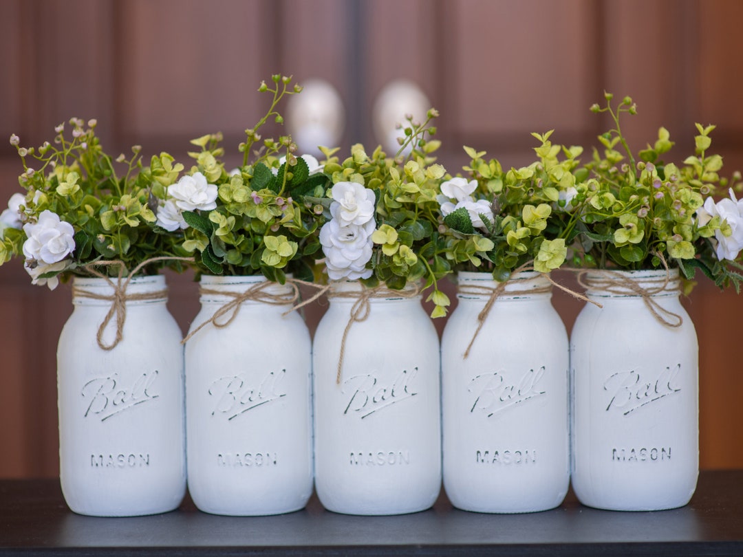 Set of 5 White Mason Jars for Centerpieces, White Painted Mason Jars