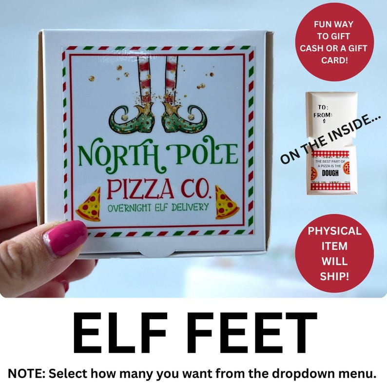 Christmas Cash Gift Card Box, Pizza Gift Card Holder, Physical Product will Ship! Mini Pizza Box Gift Stocking Stuffer, Gift for Pizza Lover ELF FEET