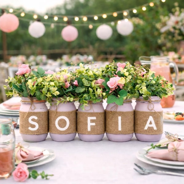 Girls Baby Shower Centerpiece | Personalized Decor for Baby Shower | Mason Jar Centerpiece for Girls Baby Shower | Rustic Burlap Decor