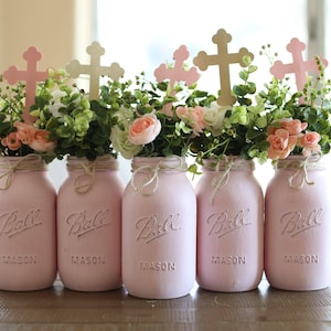 Rustic Mason Jar Centerpieces, Baptism Decorations Girl Baptism Centerpieces for Baptism Decorations for Girls, Baptism Centerpieces Girl image 1