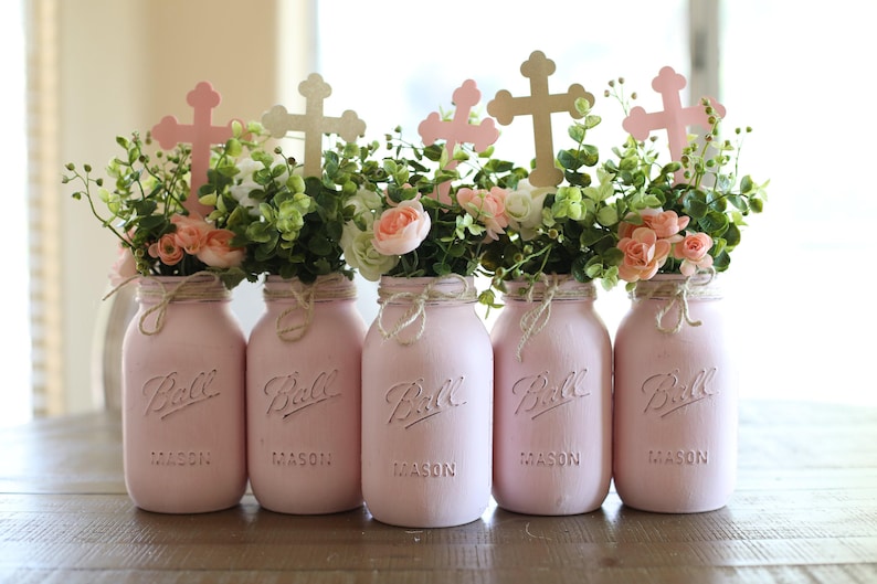 Rustic Mason Jar Centerpieces, Baptism Decorations Girl Baptism Centerpieces for Baptism Decorations for Girls, Baptism Centerpieces Girl image 1