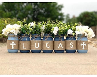 Baptism Mason Jars, Boy Baptism Decorations Flowers, Christening Decorations for Boys, Rustic Baptism Decor, First Communion Decor for Boys