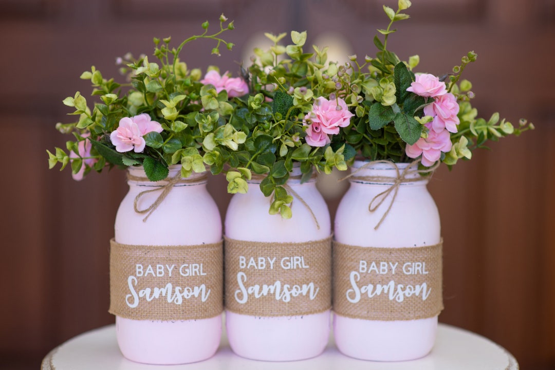 Personalized Baby Shower Mason Jar Centerpieces, Baby Shower Mason Jars