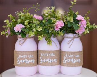 Personalized Baby Shower Mason Jar Centerpieces, Baby Shower Mason Jars, Custom Baby Shower Decorations Girl Chic Rustic Baby Shower Decor