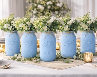 Mason Jar Centerpieces – Set of 5 - Rustic Farmhouse Table Decor – Painted Mason Jar Vases – Wedding & Home Decor